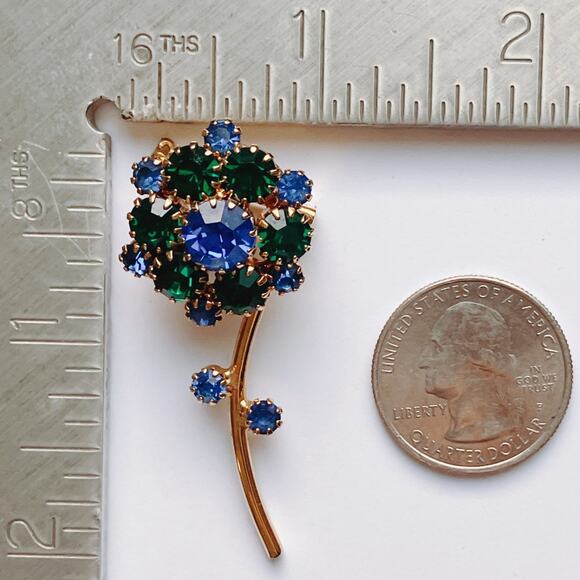 VTG Mid Century Brooch Floral Green Blue Rhinestone Gold Tone EUC - Picture 9 of 12